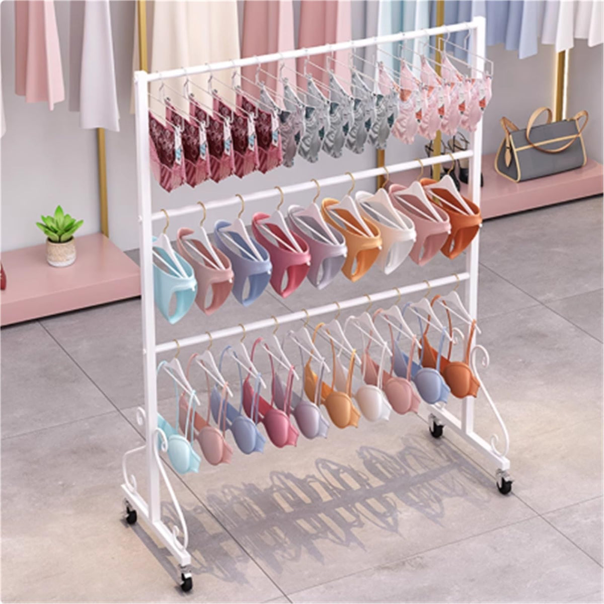 3 Tier Underwear Display Stand, Anti-Slip, Lingerie Bra Rack with Wheels, Metal, Retail Showshelves, Commercial Clothing Store Shelf, for Shorts,Hats, Sock(Black,100 * 40 * 130cm)