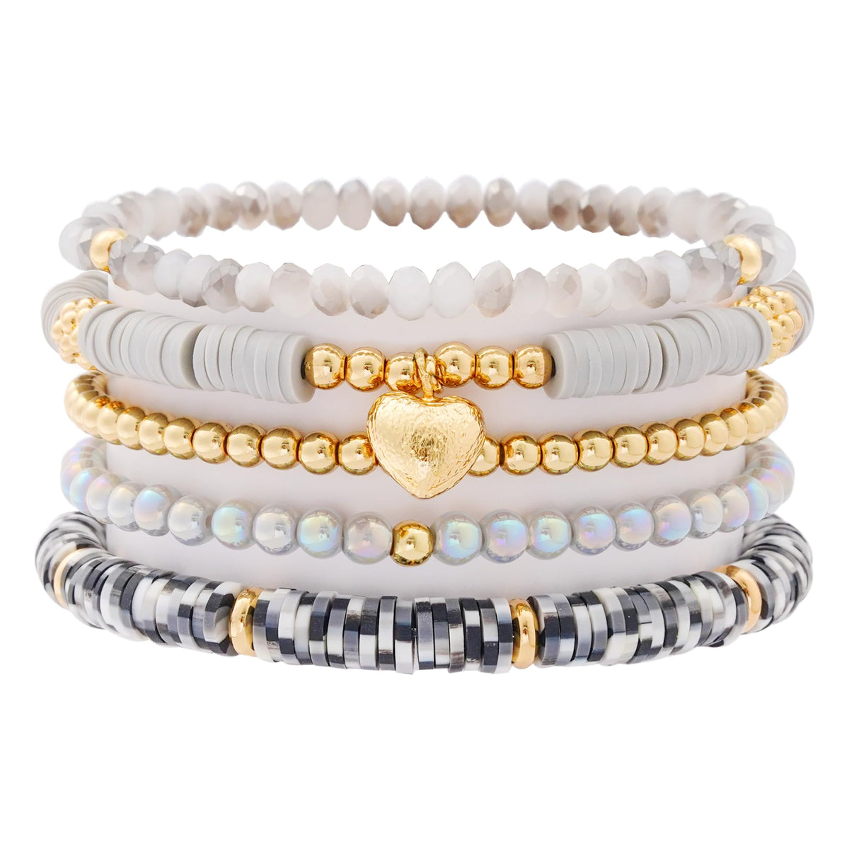 RISHEGAE Heishi Beaded Stretch Bracelets for Women Stackable Gold Polymer Clay Beads Bracelet Friendship Boho Summer Beach Bracelets Jewelry Set (E-Gray Heart)