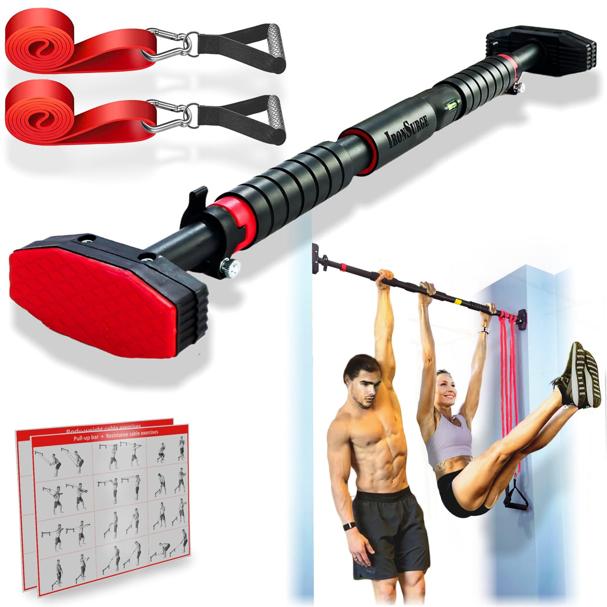 IRONSURGE Pull Up Bar for Doorway 6-piece Set with Two Attachable Resistance Bands, Training Manual, Door frame Chin Up Bar, and Two Angled Supports For Home Gym Workout, No Screws, Max 680lbs,