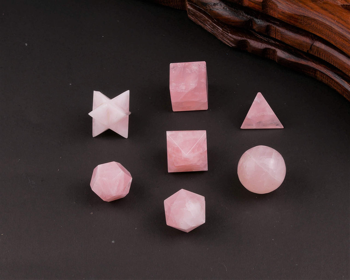 Crocon Rose Quartz 7Pcs Platonic Solids Crystal Geometry Set, Platonic Solids Sacred Geometric Stones for Meditation Reiki Balancing Healing Chakra Stone Cleansing Spiritual Good Luck (15-20mm)