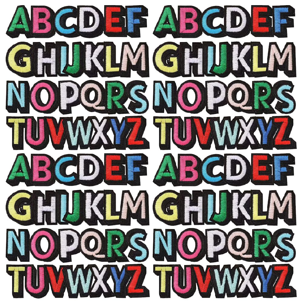 104 Pieces Iron on 3D Alphabet Letter Patches, Full Embroidered 4 Set A-Z Alphabet Iron on Sew on Applique Letter Fabric DIY Decorate Patches for Clothes Jackets Hats Shirts Jeans Bags Pants
