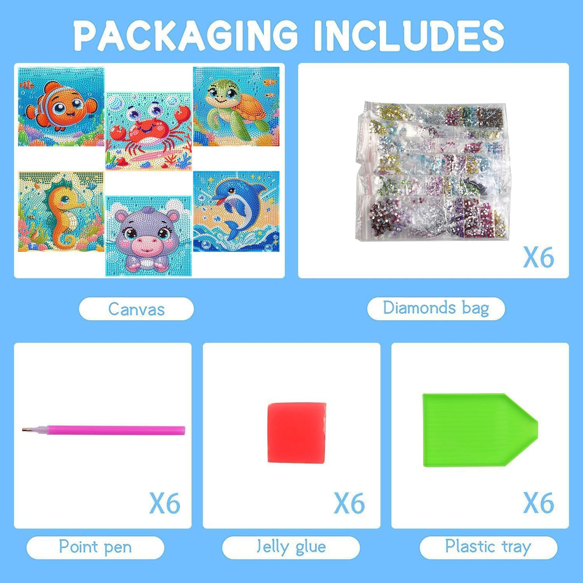 GQYCZZ Animal Diamond Painting Kits for Kids/Beginners, Diamond Art Gem by Number Kits Arts and Crafts for Kids, Mosaic Kits DIY Full Drill Painting Kit for Home Wall Decor 6 Pieces 6" X 6"