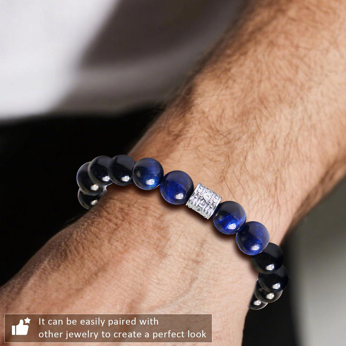 Tiger Eye Obsidian Beaded Bracelets For Men Gemstone Bracelets For Men &Women Fashion Natural Stone Men‘s Jewelry (blue & black)