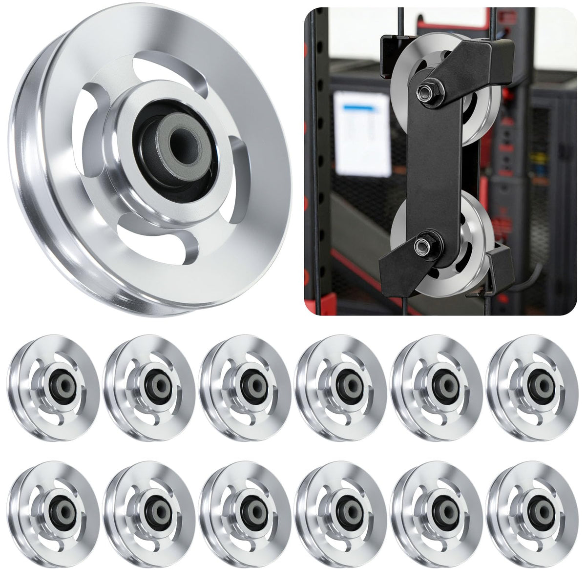 BESTEEL 12pcs 90mm Universal Aluminum Pulley Wheel for Gym Equipment, Silent Cable Machine Replacement Part,Heavy Duty Undeformable Fitness Aluminum Alloy Bearing Gym Pulley Wheel for Home Gym(Silver)
