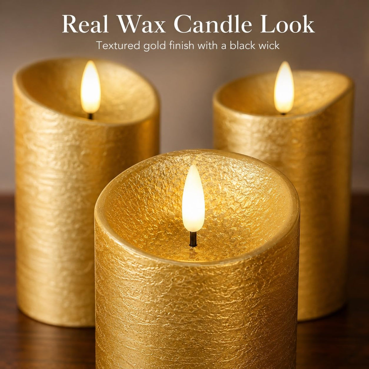 COVEGE Gold Flameless Candles with Remote, Flickering Real Wax Battery Operated Candles with Timer, Set of 3 LED Pillar Candlesfor Home Room Decor Christmas Decoration