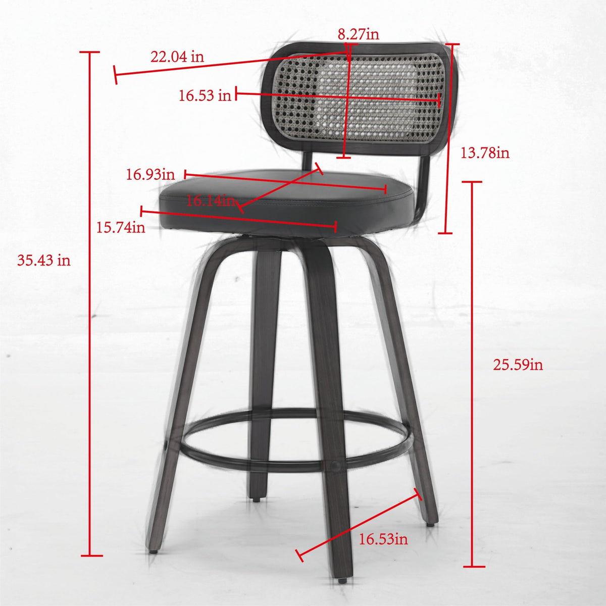 KEIKI Set of 3 Counter Height Bar Stools - 26 inch Rattan Counter Height Stools with Cane Back, Upholstered Seat, Walnut Craftsmanship, Swivel Counter Stools for Kitchen/Counter/Bar, Walnut, Black