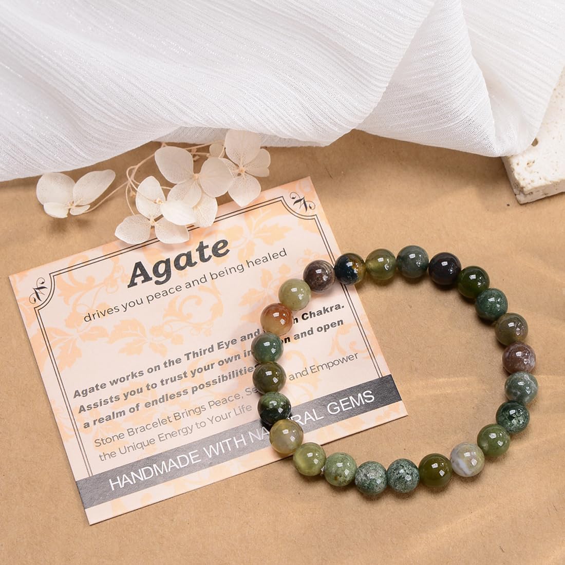 MASSIVE BEADS Indian Agate - Stone of Peaceful - Handmade Yoga Stretch Elastic Bracelet Natural Stone Crystal Healing Power Energy Gifts for Unisex Adult 6mm