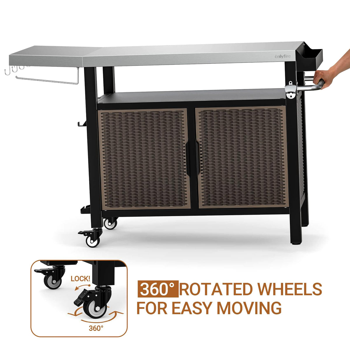 onlyfire 53-Inch Rolling Kitchen Island Cart with XL Stainless Steel Top & Rattan Texture Cabinet, Heavy-Duty Outdoor Dining Cart with Side Shelf, Propane Tank Holder, Spice Rack, Wheels for Patio