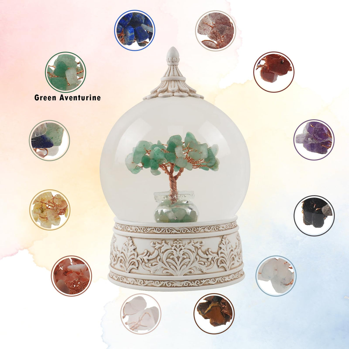 Green Aventurine Healing Crystal Tree Globe Colorful Lights and Glitter, Natural Gemstone Base, Spiritual Meditation, Positive Energy Good Luck, Home Decor, Birthday Gifts (Green Aventurine)