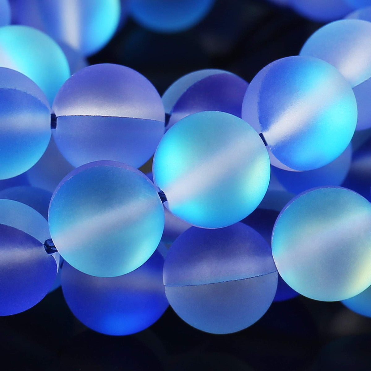 Matte Blue Aurora Crystal Glass Beads, 6MM Frosted Glitter Shining Mermaid Round Loose Beads, Rainbow Holographic Synthetic Moonstone for Jewelry Making DIY Bracelet