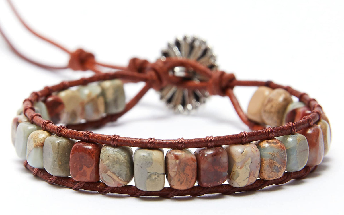 ZOSOJONA 7 Chakra Bracelet Bohemian Handmade Leather Wrap Healing Protection Natural Stone Yoga Beaded Bracelets Boho Friendship Jewelry (Gray Turquoise)