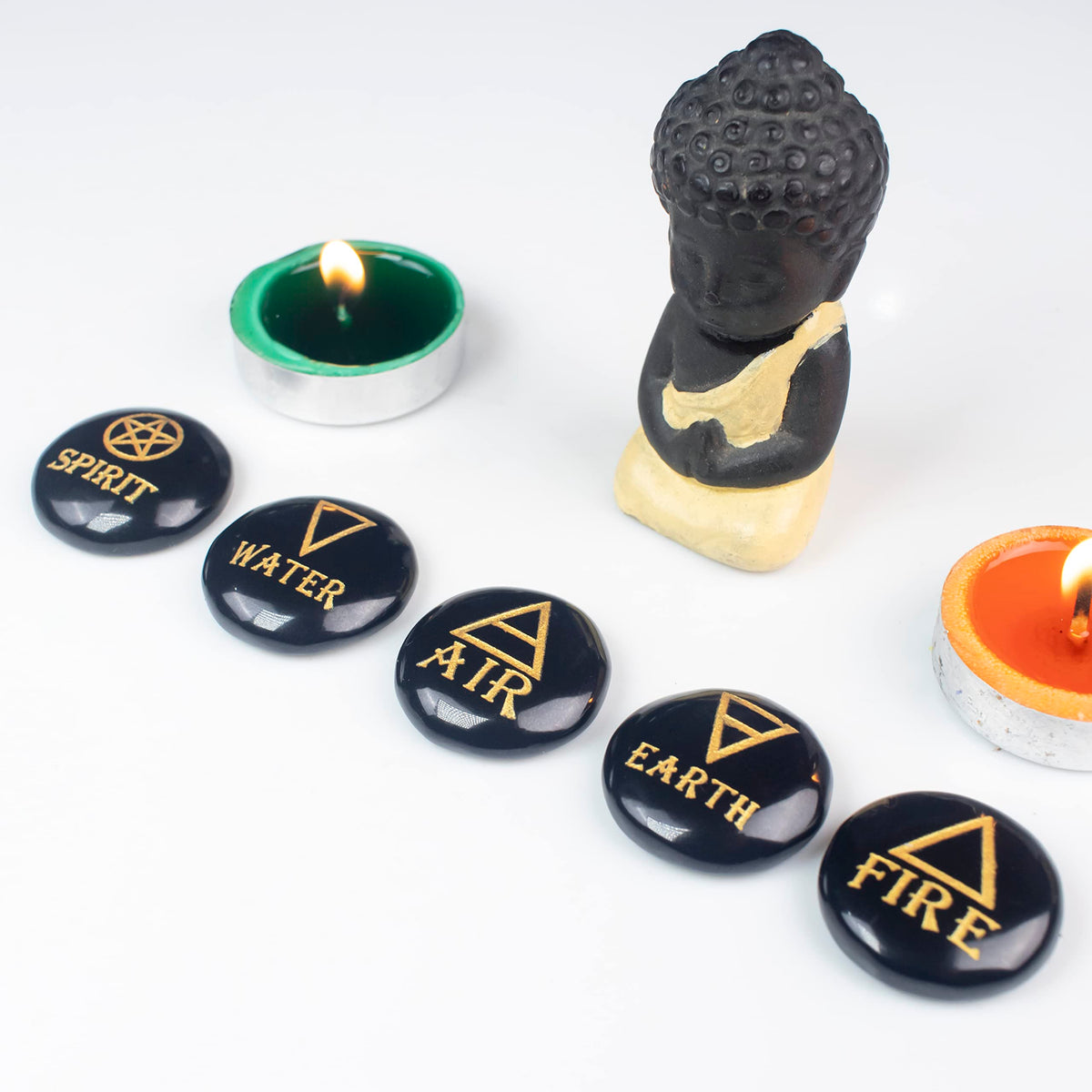 Crocon 5 Elements Black Tourmaline Stones Round Shape Engraved Triangle Symbols (Earth Air Fire Water Spirit) Polished Palm Stones Gemstone Reiki Crystals Healing Stones Meditation Divination Gifts