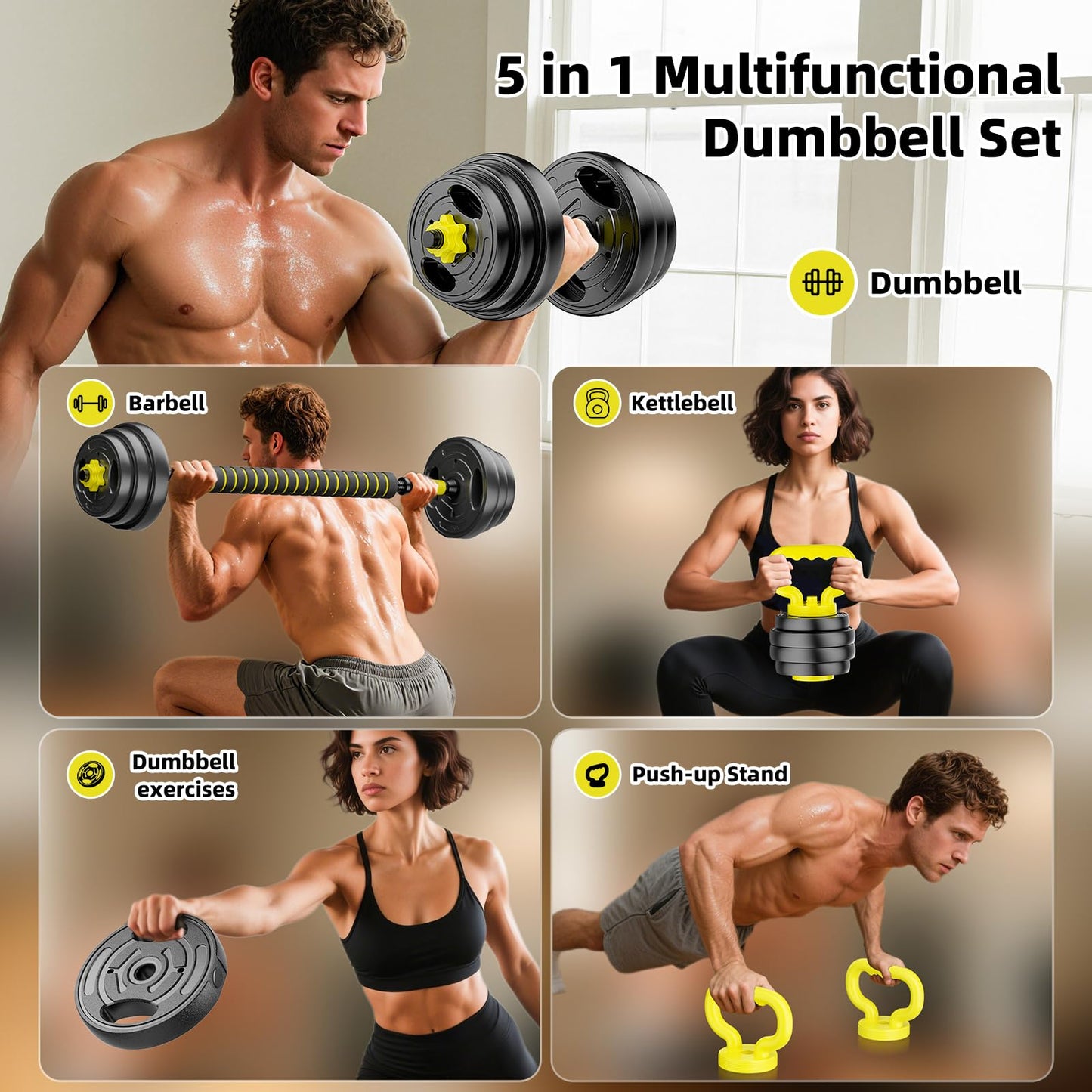 HUAYA Adjustable Dumbbell Set, 10-90lbs Free Weights with Connector – 4 in 1 Dumbbells, Barbell, Kettlebell & Push Up Stand, Adjustable Weights Set for Home Gym Fitness Equipment for Men & Women (Orange 30lbs (15lbs*2))