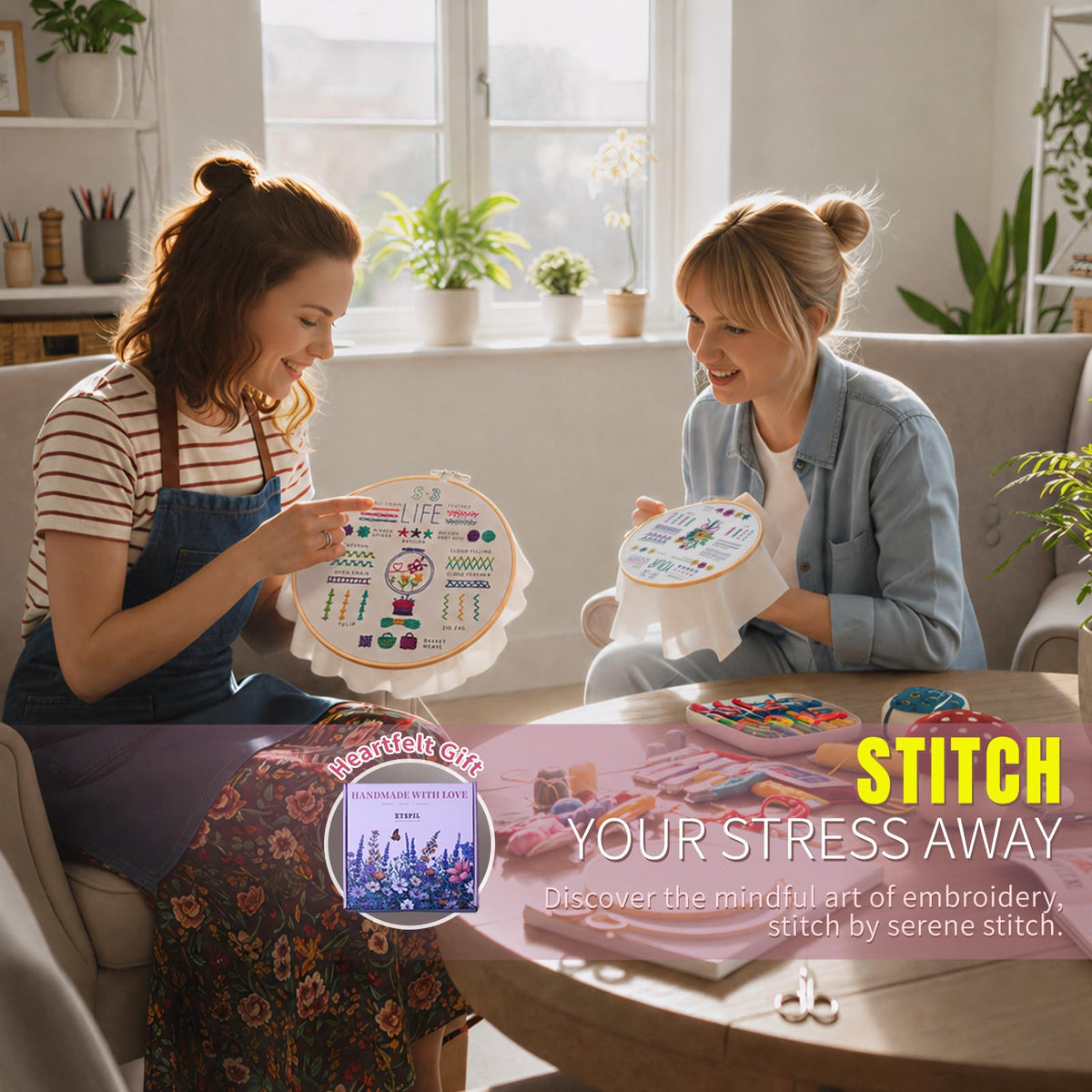 ETSPIL Embroidery Starter Kit for Adults, 3 Simple Patterns to Master 33 Stitches, Easy Step-by-Step 4K HD Video Tutorials & Bound Guide, DIY Craft Gift for Teens