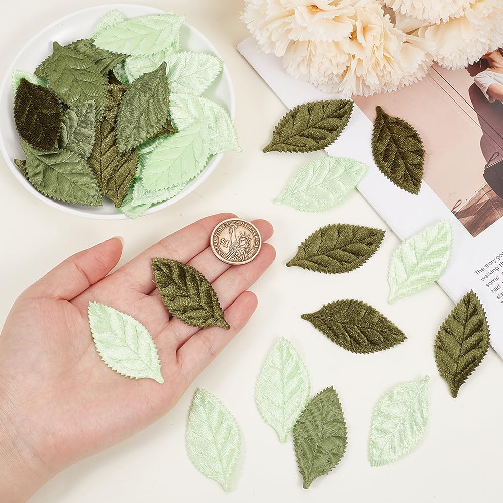 CABODYALS 100Pcs Mixed Green Velvet Fabric Leaves Spring Faux Artificial Craft Small Leaf Double Face Decorative Cloth Appliques Bulk for Sewing Making Wedding Party Scrapbooking Decor DIY Supply