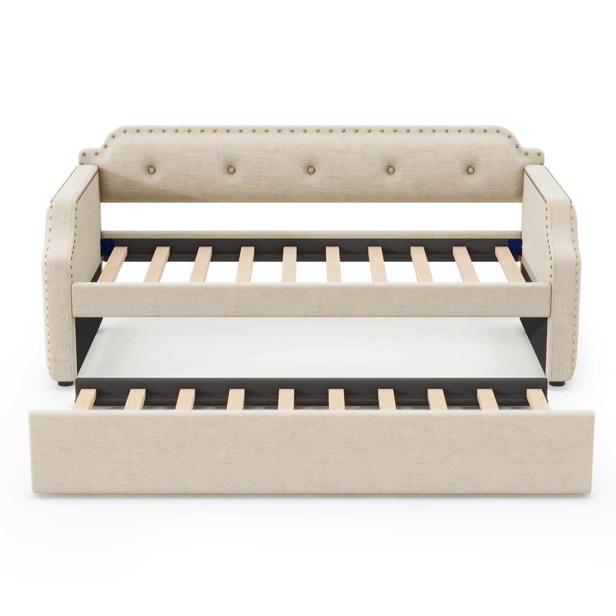 Merax Upholstered Daybed with Trundle, Wood Slat Support,Upholstered Frame Sofa Bed, Twin, Beige