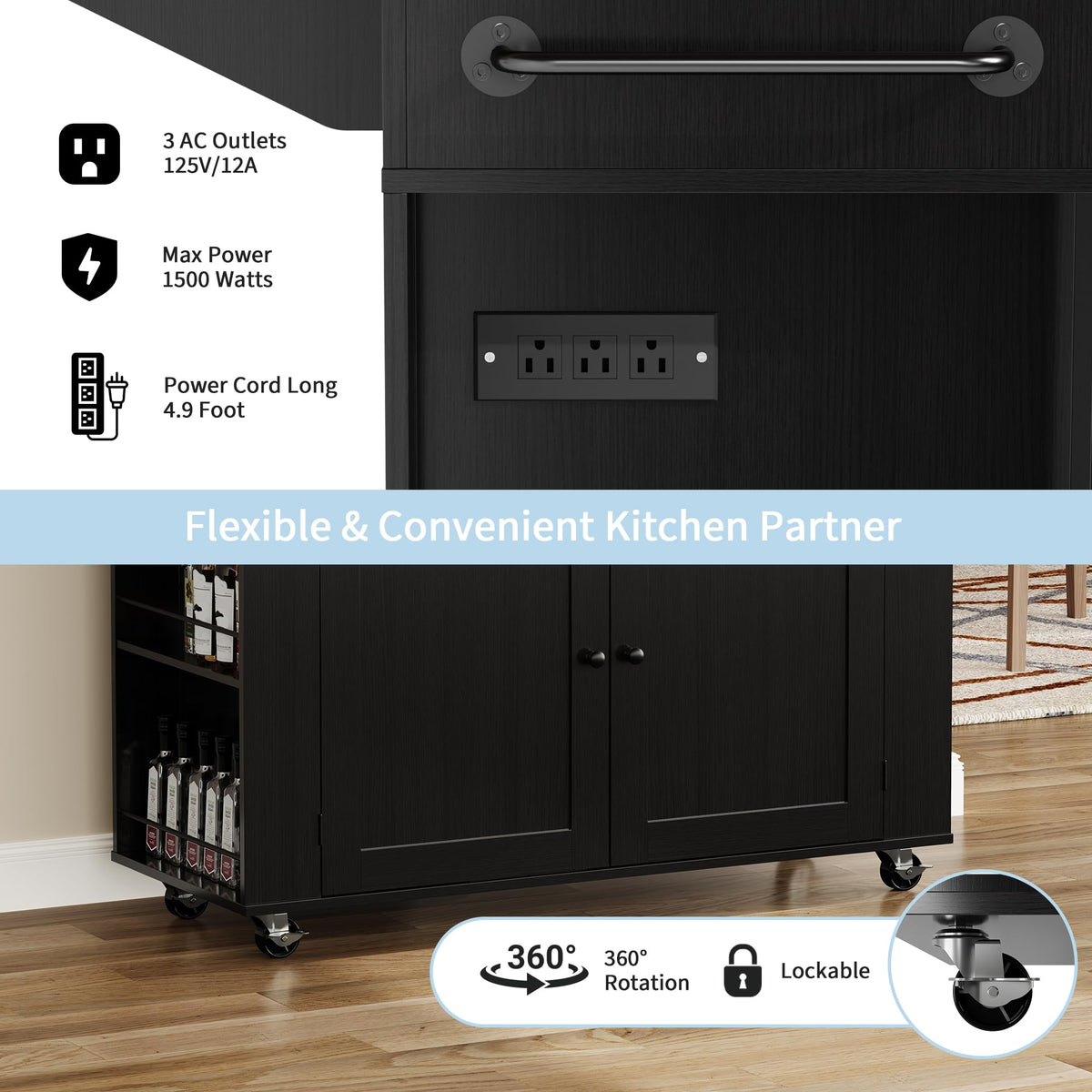 Garvee Rolling Kitchen Island Cart with Power Outlet & Drop Leaf, Kitchen Storage Cabinet On Wheels with 3 Drawers, Spice Rack & Towel Rack, Mobile Island Table for Kitchen