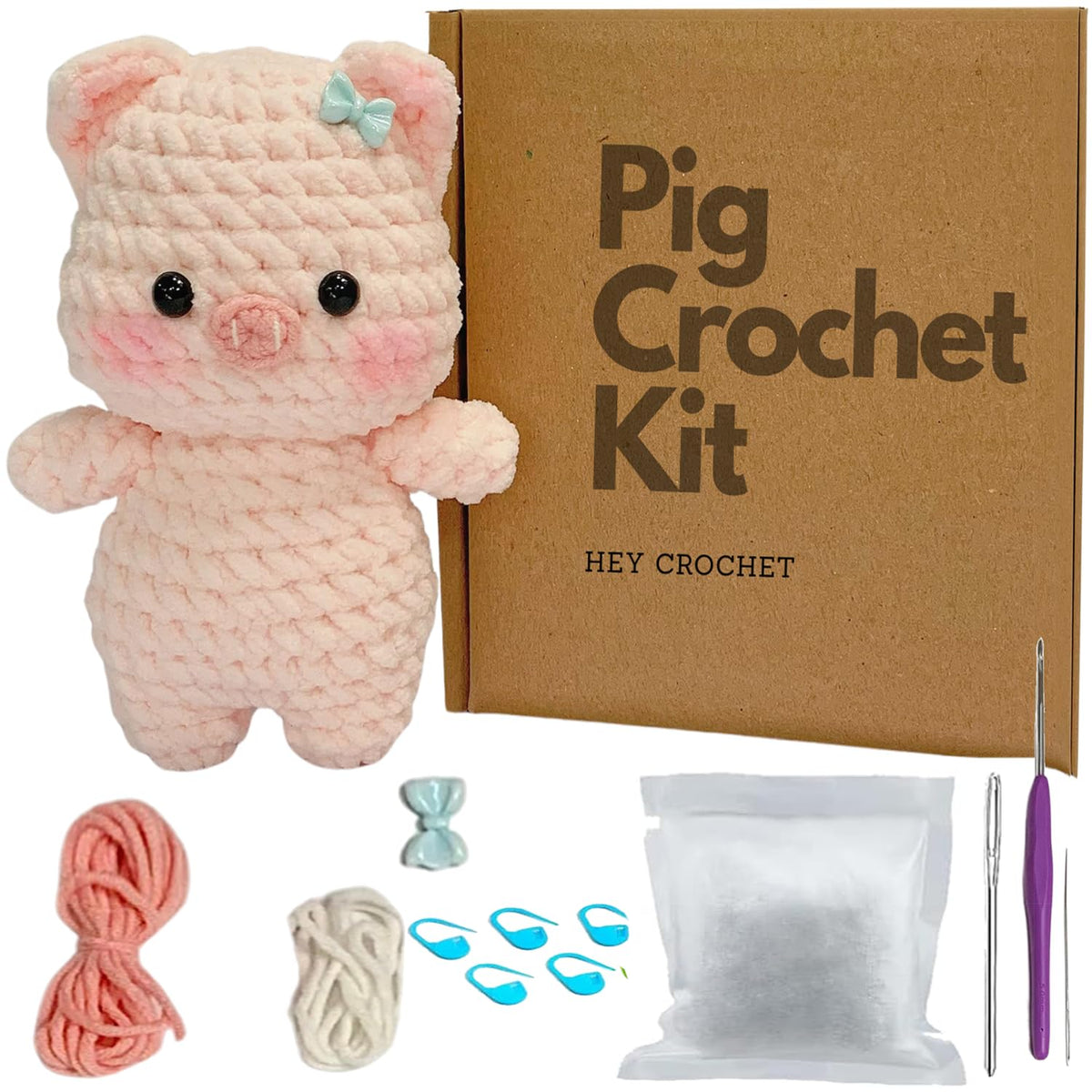 99WakeUp Crochet Kit for Beginners: Pink Pig Crochet Kit DIY Pig Amigurumi, Complete Beginner Starter Set, Include Step-by-Step Video Tutorials Learn to Crochet