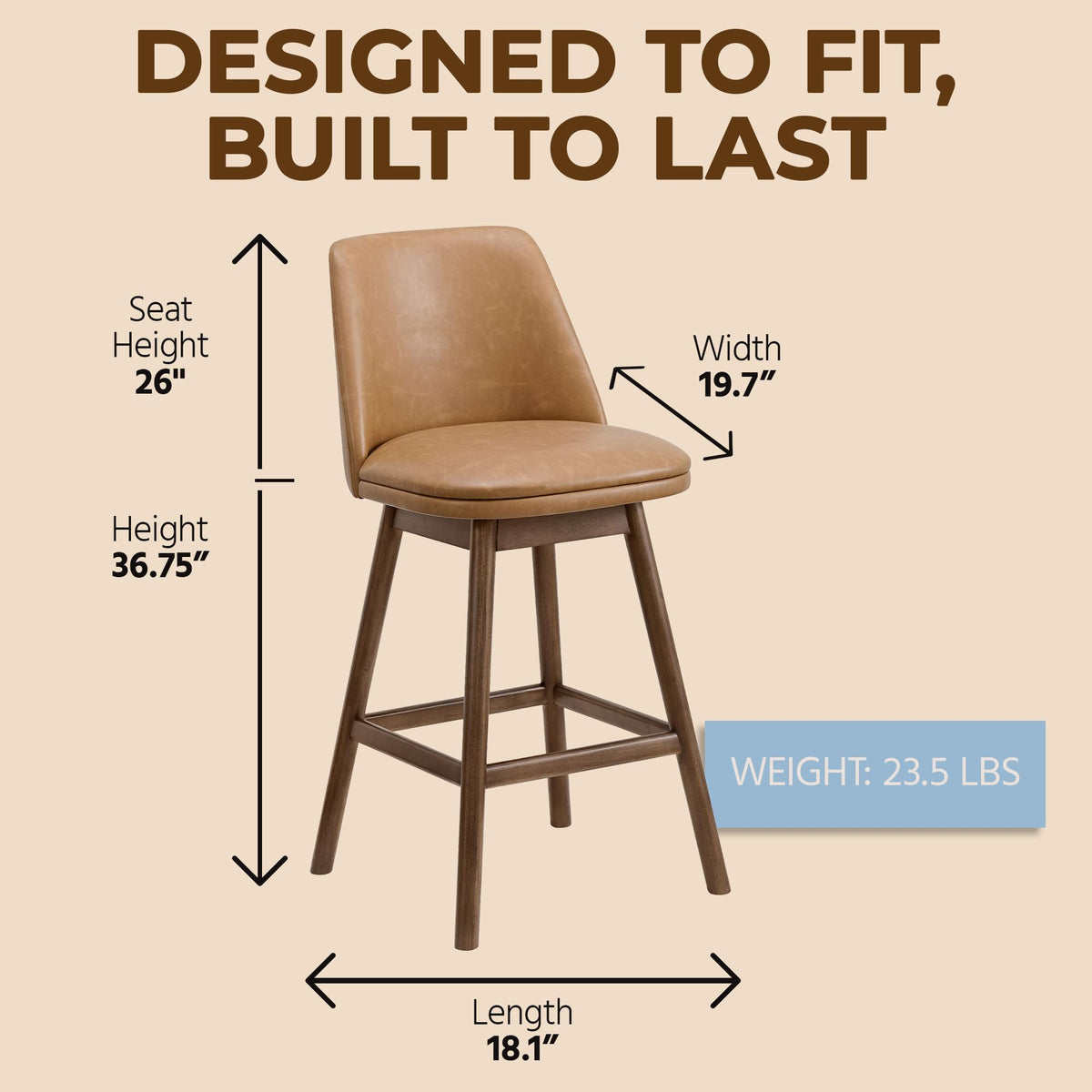 ROME + OAK Rowan 26 Inch Swivel Counter Height Stool in Walnut Finish with Brown Vegan Leather Upholstery Seat - Kitchen or Dining Room Furniture