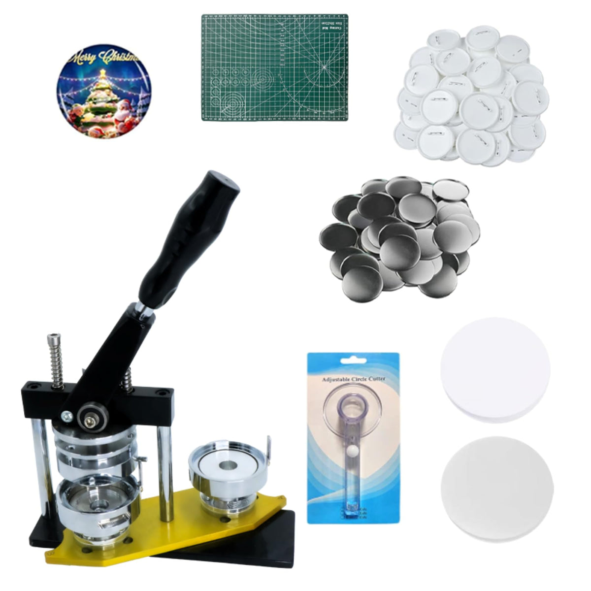 DCBADGE Button Maker Machine, 58mm/2.25 inch Pin Button Badge Maker,Interchangeable Button-Models Press Machine Kit with 300 Sets Buttons-Part Supplies & Circle Cutter & Cutting Mat