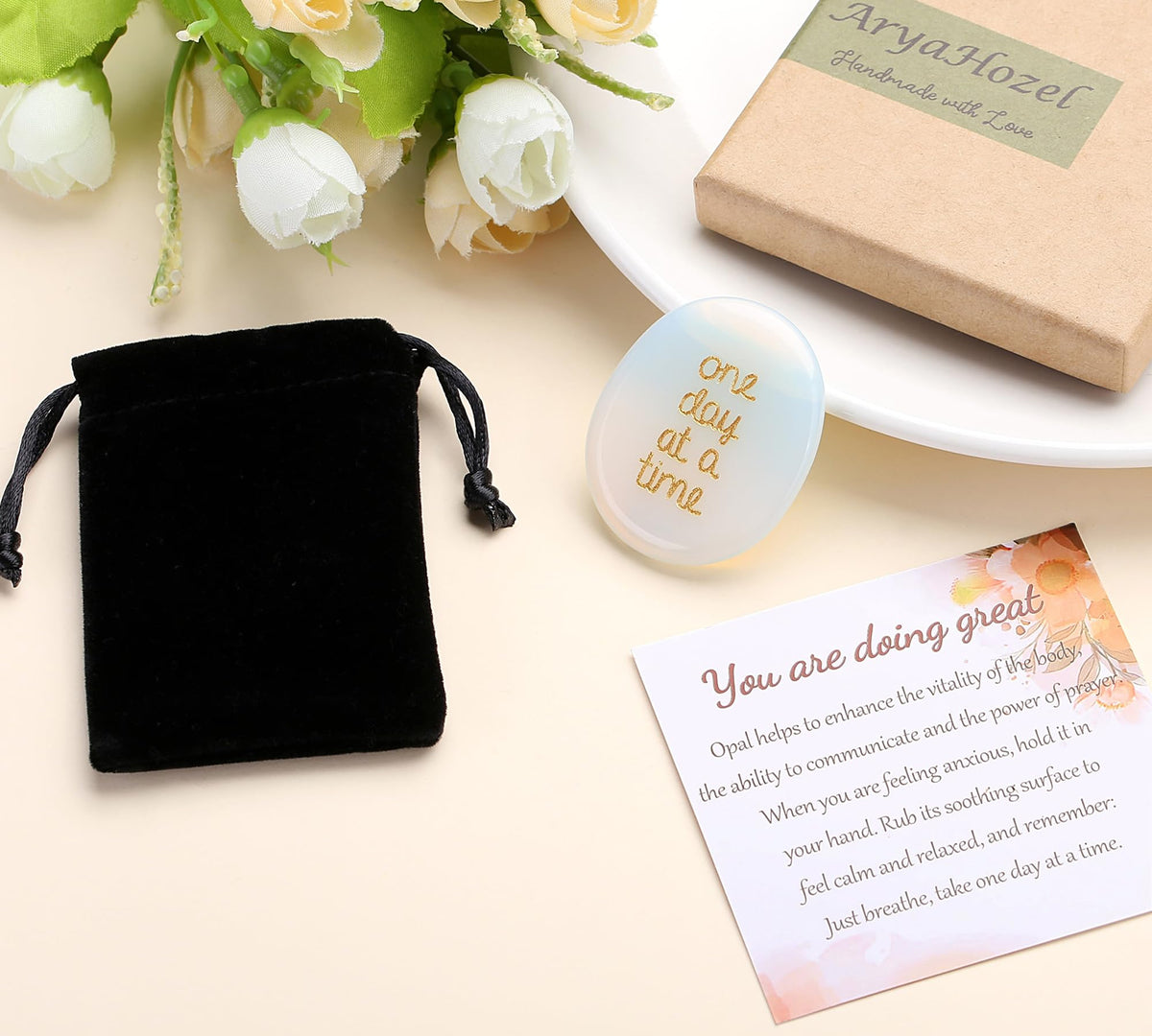 QINJIEJIE One Day at A Time Opal Worry Stone Healing Crystal Thumb Stones Thinking of You Gifts for Anxiety Relief Items You Got This Inspirational for Friend Encouragement Gift for Women Men