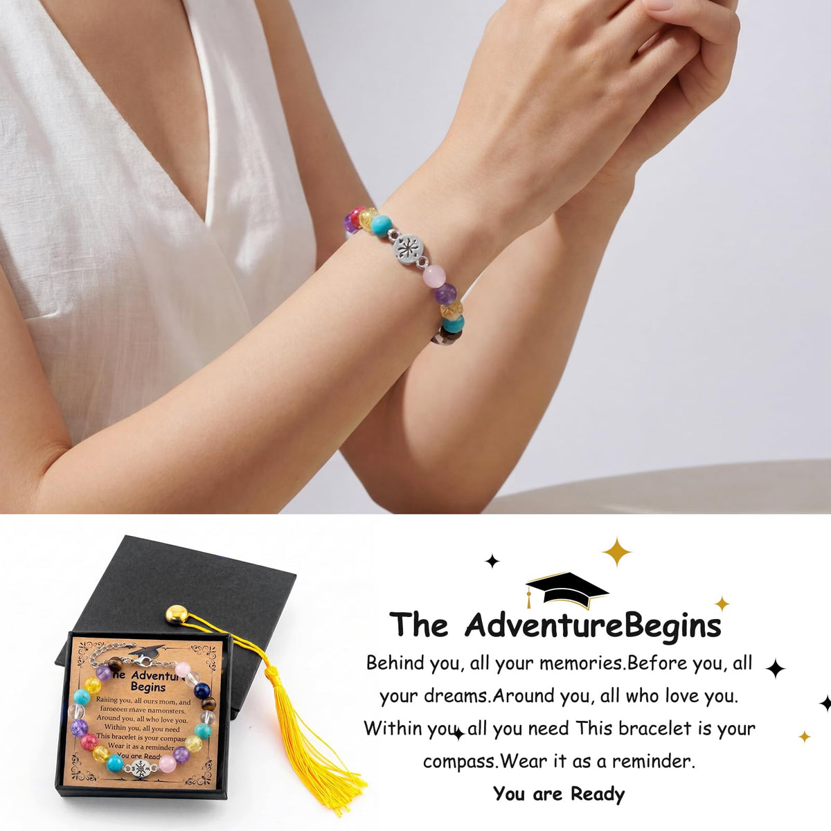 2026 Graduation Bracelet Gift Set for Her Him, 7 Chakra Bracelet & Matte Natural Stone Beaded Bracelet with Compass, Graduation Keychain, Inspirational Card & Gift Box for Middle High School Colle (Vibrant Chakra)
