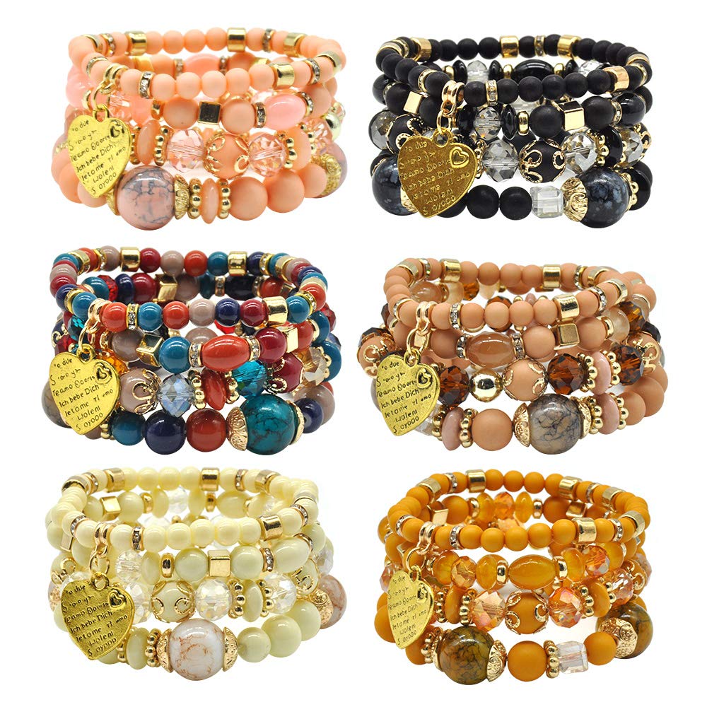 VONRU Bohemian Bracelet Sets for Women - 6 Sets Stackable Stretch Bracelets Multi-color Boho Jewelry for Women Hippie Bracelets Dainty Jewelry Best Friend Gift (Stackable bracelets with heart charm)