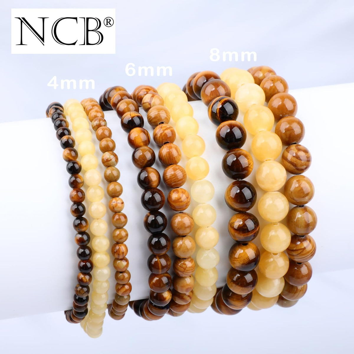 NCB 3-Piece 8mm Natural Crystal Gemstone Stretch Bracelets – ﻿Woodgrain Jasper, Yellow Jade, Yellow Tiger's Eye Handmade Reiki Energy Healing Jewelry for Meditation,Yoga, Unisex