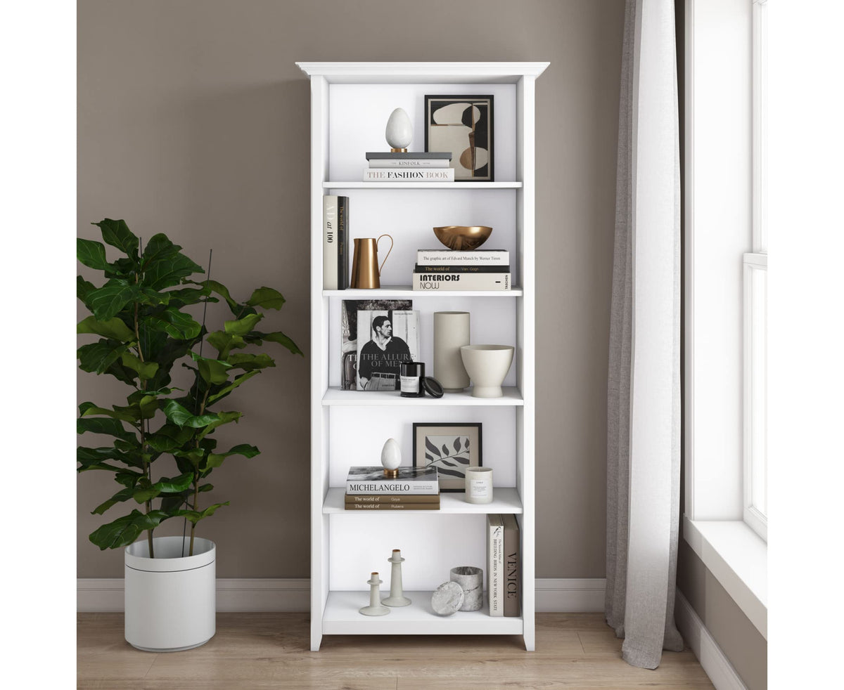 SIMPLIHOME Amherst Bookcase - 70 inch Tall 5-Shelf Solid Wood Bookshelf in White, Transitional Storage for Living Room, Study Room or Office with Adjustable Shelves and Tapered Legs