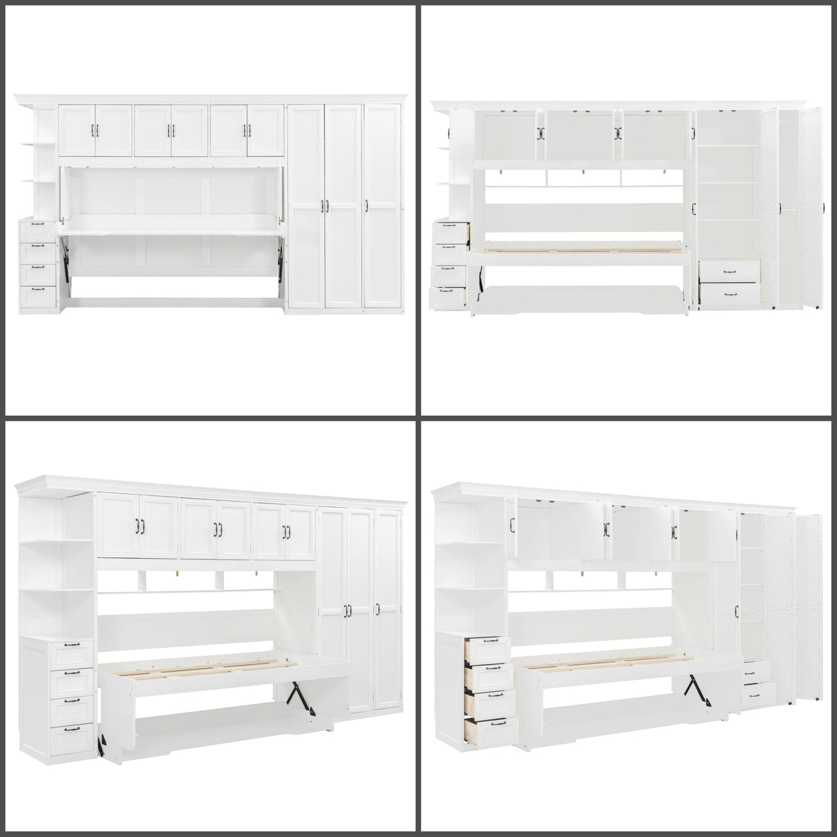 Merax Twin Size Murphy Bed with Desk, Multifunctional Wood Foldable Wall Bed with Wardrobe, Drawers and Cabinet, Space-Saving Hidden Bed for Guest Room Office, No Box Spring Needed, White