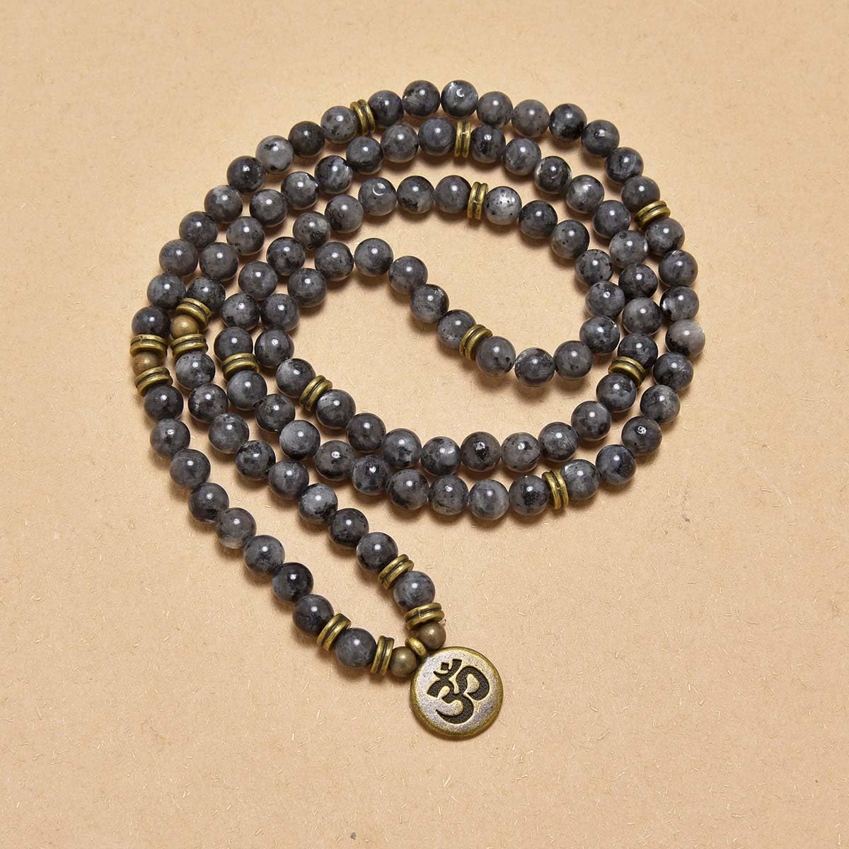 oasymala 108 Mala Beads Bracelet with om Charm – Healing Stone Meditation Bracelet for Yoga & Prayer, 6mm Beads, Handmade, Gold-Plated OM Charm (Labradorite)