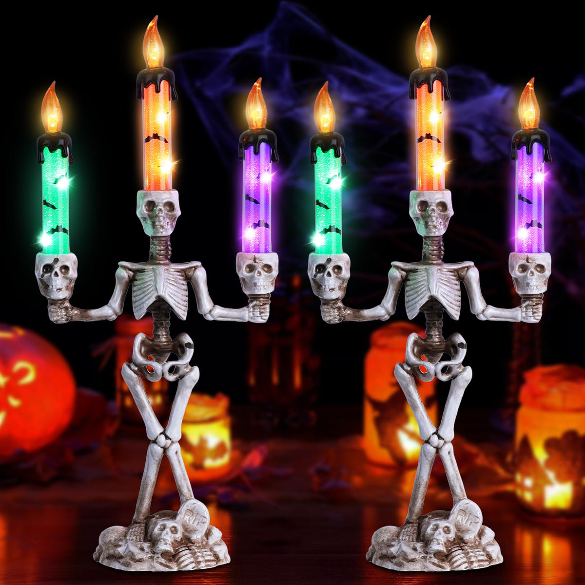 MEETYAMOR 2 Pcs Skull Halloween Candelabra Decorations Indoor, Halloween Candles Holder with LED Lights for Scary Haunted House Mansion Decor, Battery Operated Timer Candlesticks for Table Home Party