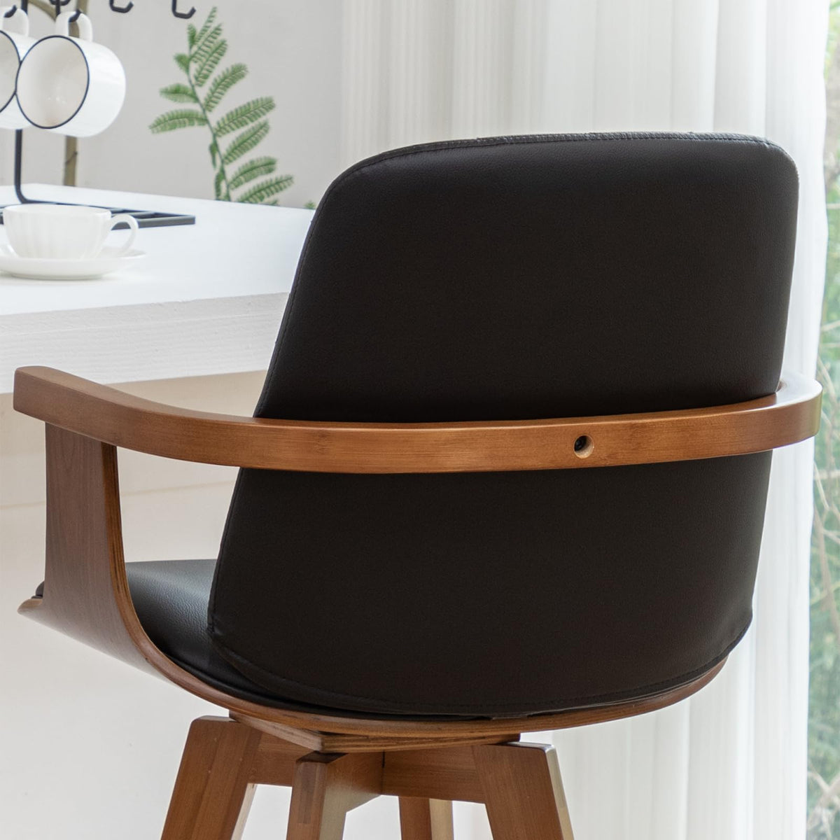 Set of 2 Bar Height Bar Stools - 29.12 inch Swivel Bar Stools with Curved Back and Arms, Walnut Craftsmanship, Upholstered Seat, Mid Century BarStools for Bar/ Pub/Island/Cafe (29" Seat Height, Black)