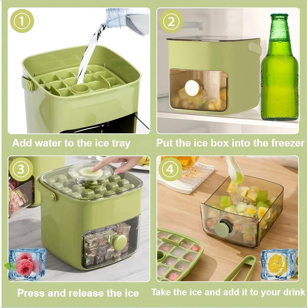 Ice Cube Tray with Lid & Bin Ice Maker Ice Trays for Freezer Ice Container- Reusable Ice Mold for Whiskey, Cocktail, Coffee, Beer Drinks with Ice Trays Ice Tongs (Green)