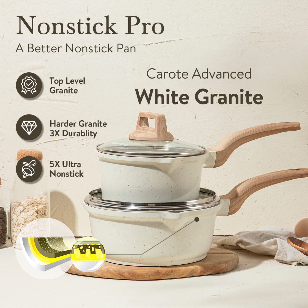 CAROTE 1.5Qt & 3.0Qt Sauce Pan Sets with Lid Cooking Pots Nonstick Saucepans Cookware Set with Pour Spout Small Kitchen Pot, Induction Comptable, Easy to Clean, PFOA FREE (White Granite)
