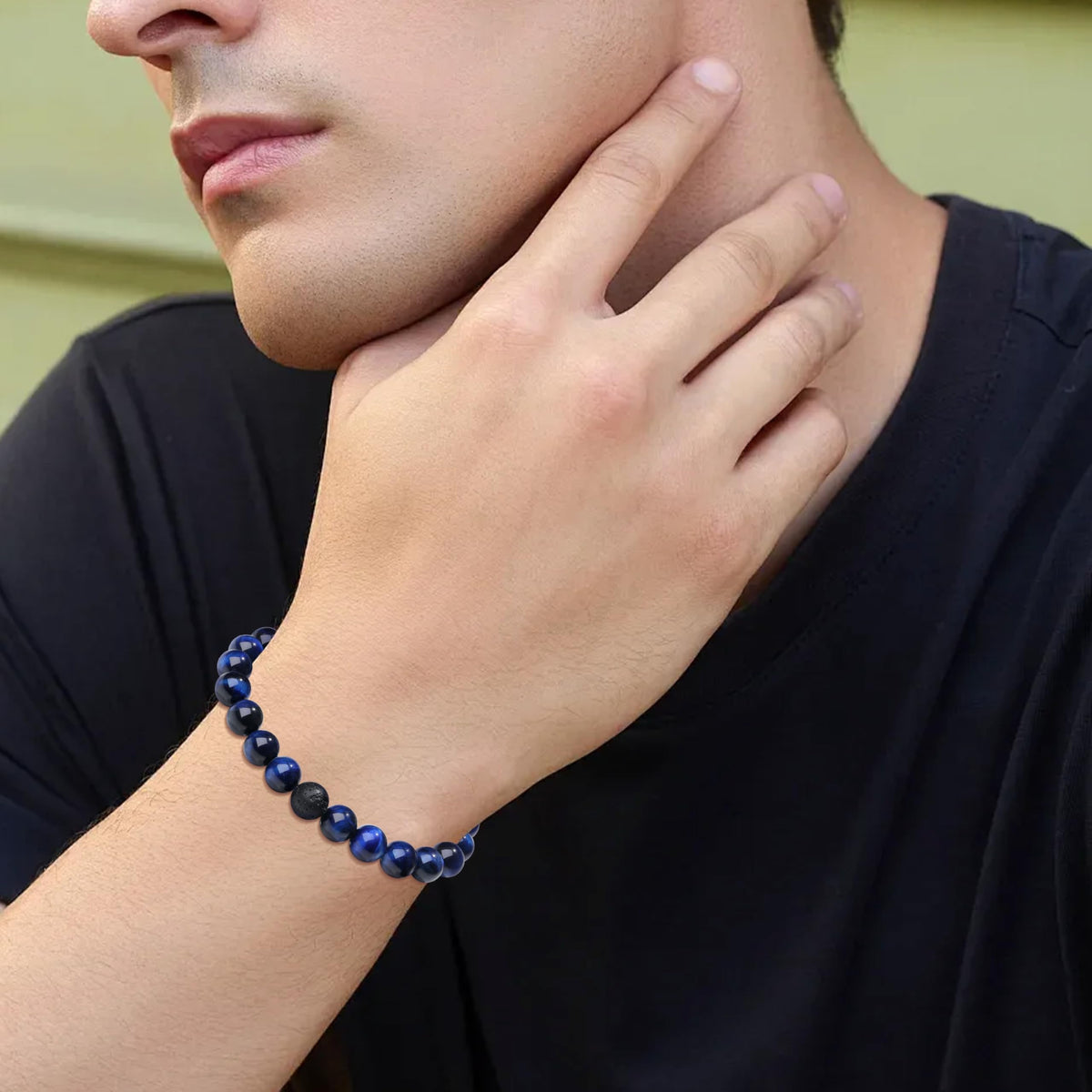 XIANNVXI Mens Blue Crystal Beads Bracelet 3PC Blue Black Stone 8mm Bead Bracelets Set for Men Stretch Lava Rock Obsidian Black Crystal Beaded Bracelet for Mens