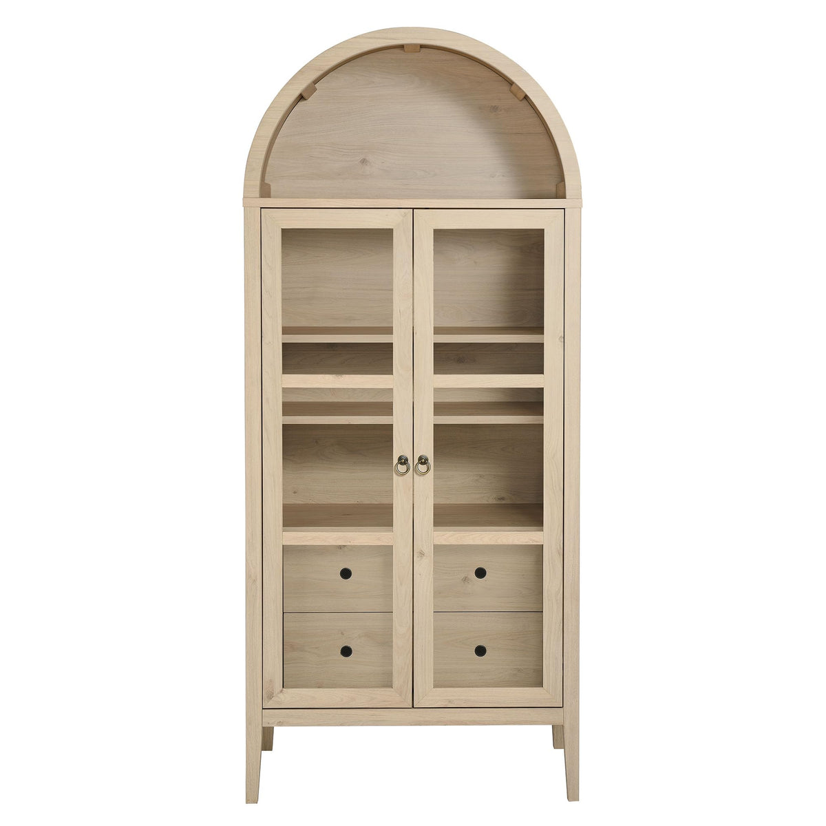 Modway Nolan Modern Farmhouse 71 Inch Tall Arched Storage Display Cabinet in Light Oak Wood Grain - 4-Tier Bookcase with Glass Doors and Shelves - Arch Accent Cabinet for Living Room