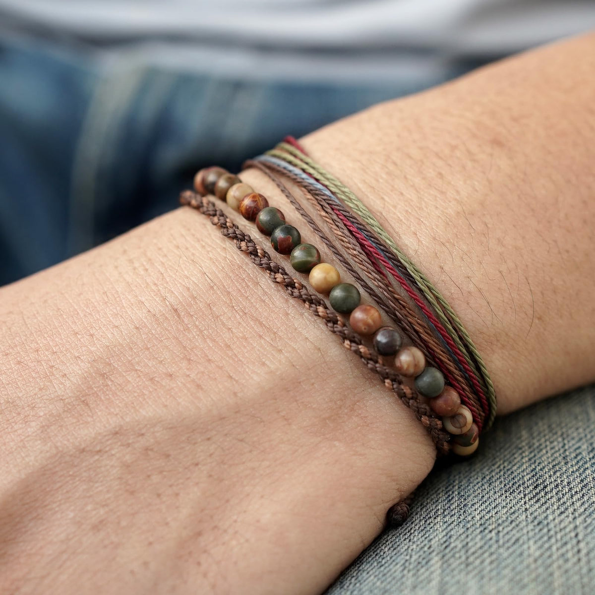 Handmade Natural Stone Beaded Healing Bracelet Gift for Men Adjustable Rope String Bracelet (Red Picasso, Adjustable)
