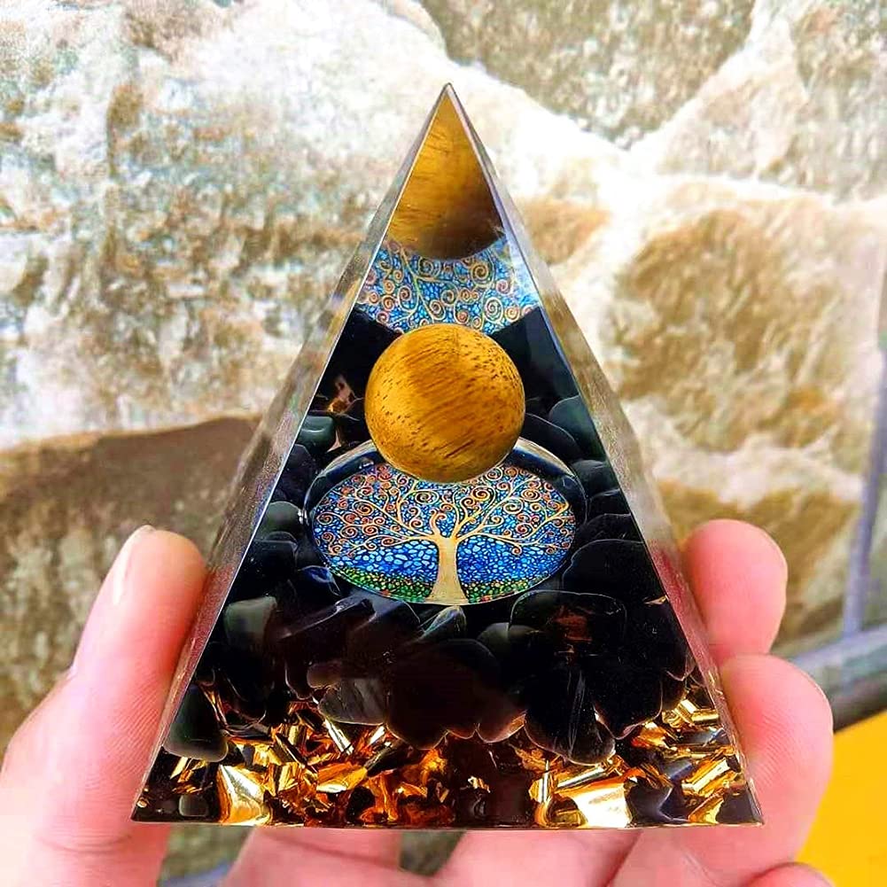 ycyingcheng Moonstone Crystal Orgone Pyramid Ogan Crystal Energy Tower, Nature Reiki Chakra Crushed Stone Jewelry, Crystal Pyramid for Home Decor (Obsidian)