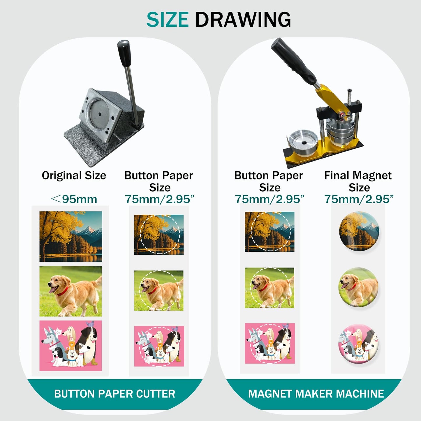 SENBORYSUN Magnet Maker Machine Kit, 2.95" DIY Photo Fridge Button Press & 75mm Button Paper Cutter with 100pcs Consumables, Round Metal Punch Set for Pin Badge & Magnets, Sticker Making Supplies