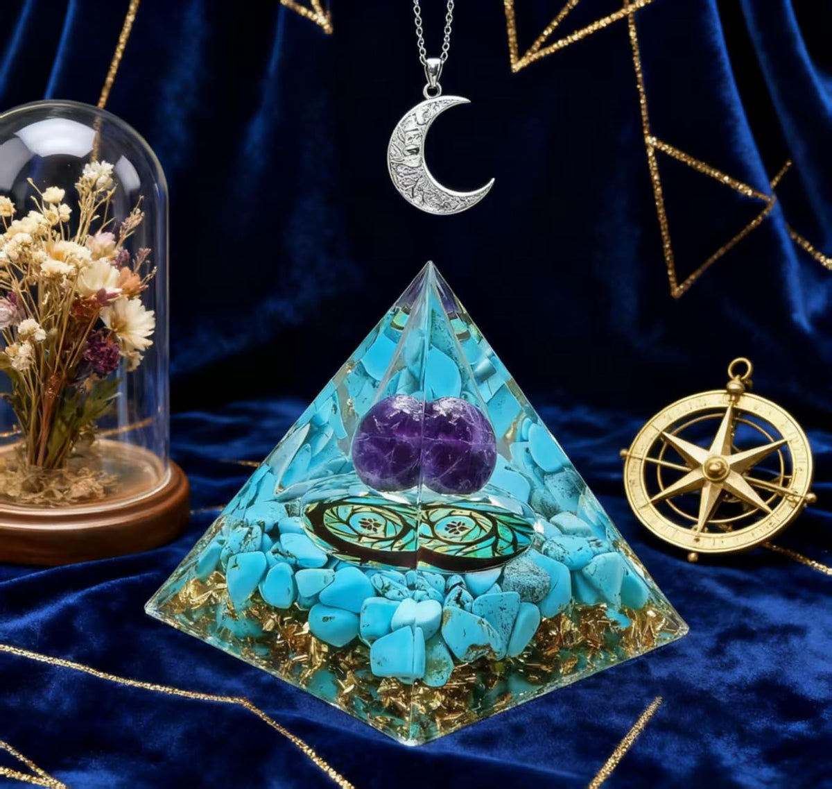 ycyingcheng Moonstone Crystal Orgone Pyramid Ogan Crystal Energy Tower, Nature Reiki Chakra Crushed Stone Jewelry, Crystal Pyramid for Home Decor (Turquoise+Amethyst Ball)