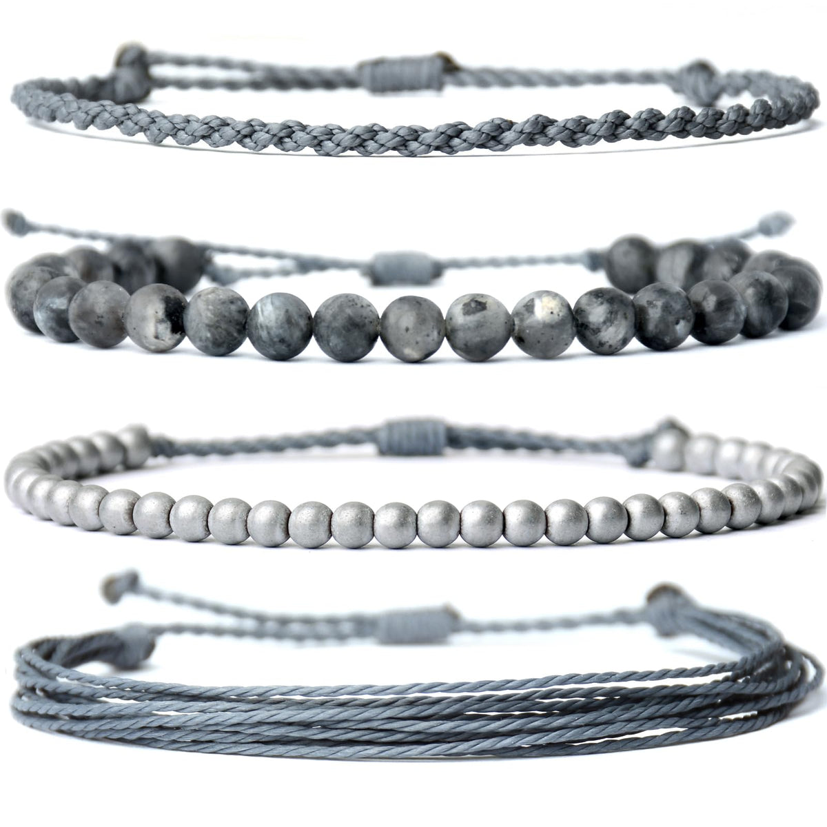 Handmade Natural Stone Beaded Healing Bracelet Gift for Men-Set of 4 Stackable Adjustable Waterproof String Rope Bracelets (larvikite, /)