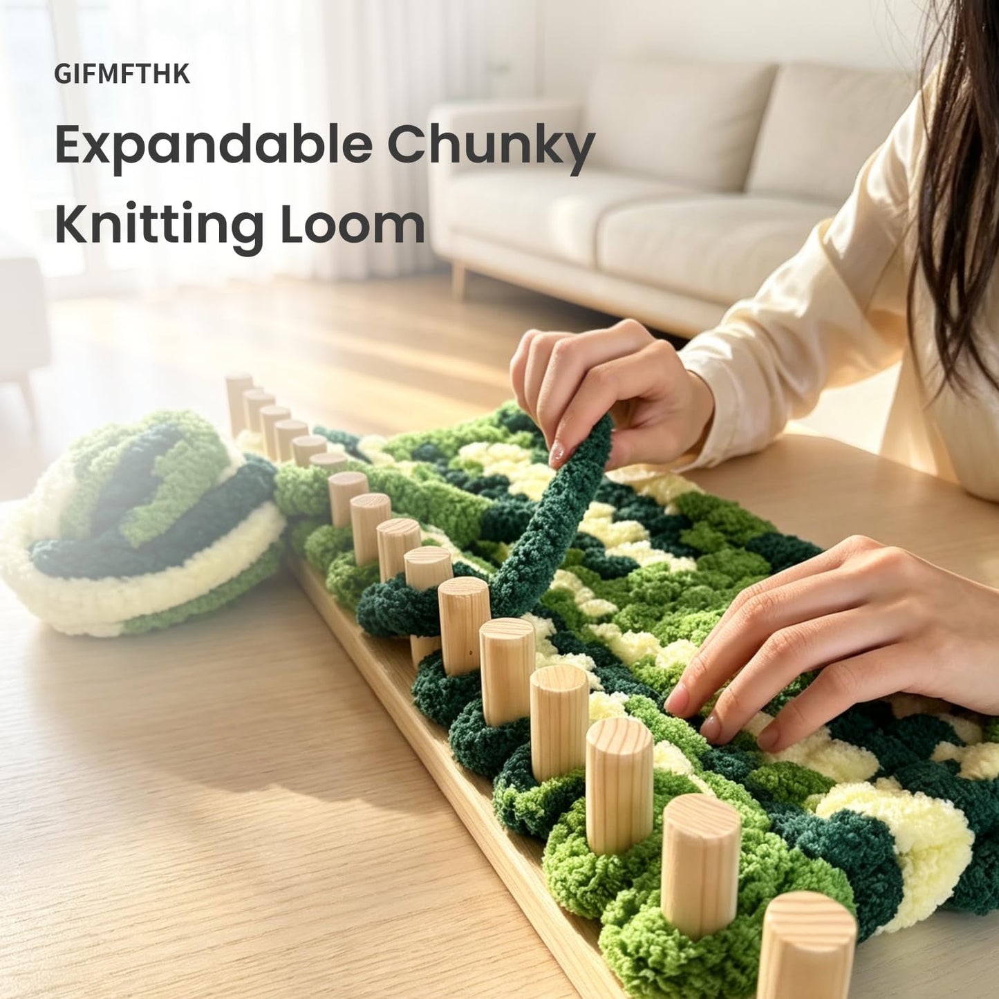 GIFMFTHK Lightweight Solid Wood Chunky Knitting Loom Kit - 30" Modular Frame, Natural Pine Craft Board Expandable to 60/90/120" by Connecting Multiple Kits for Blankets, Beginner DIY Weaving Tool