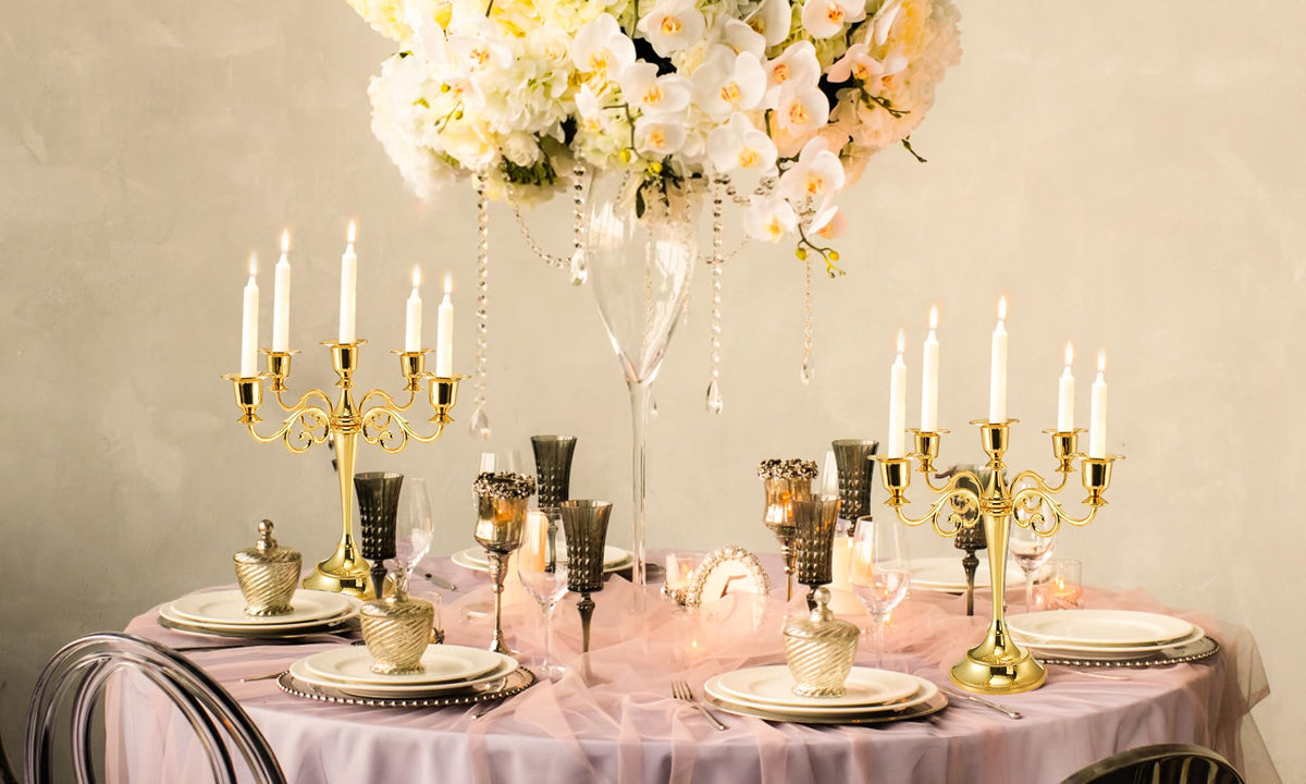 YOUEON 5 Arm Gold Candelabra, Candelabra Candle Holder, 10 Inch Tall Candlesticks Holder, Elegant Taper Candle Holder Centerpiece for Wedding, Church, Halloween, Dining, Home Decor
