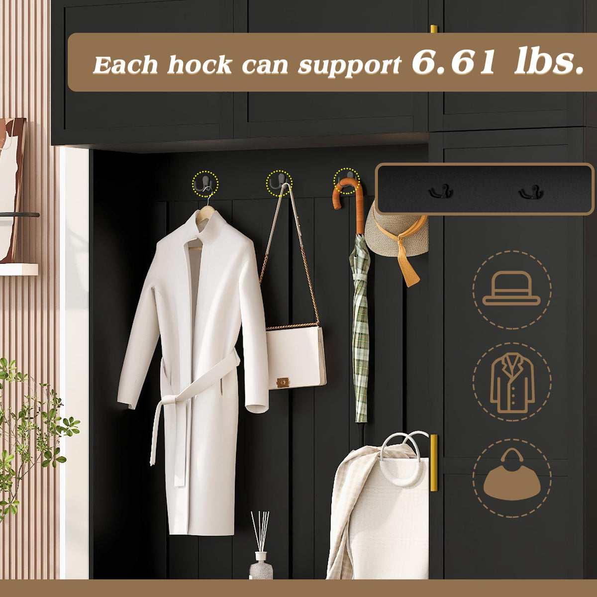Amposei Modern Hall Tree with Shoe Storage Bench & Coat Rack, 79.72''H Tall Entryway Cabinet Organizer with 6 Doors, 4 Hooks & Padded Seat for Hallway Mudroom Living Room, Black