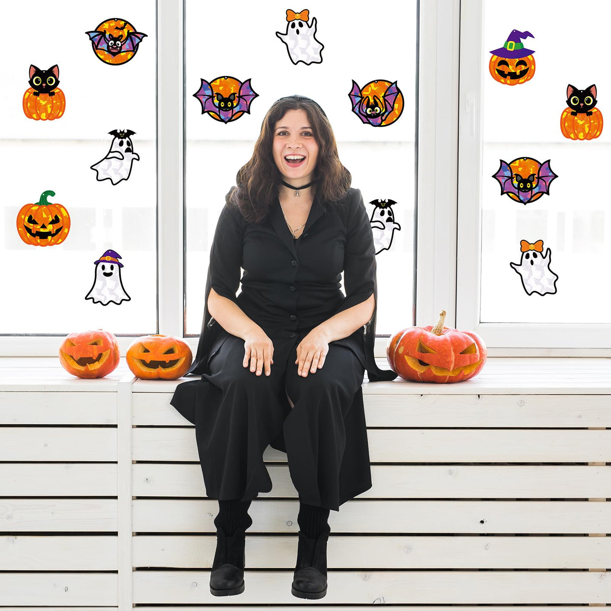 Renbuzhu 40PCS Halloweens Crafts Bulk: Ghosts Pumpkins Paper Suncatchers DIY Kit Party Activities Decorations, Window Stained Glass Effect Art Supplies