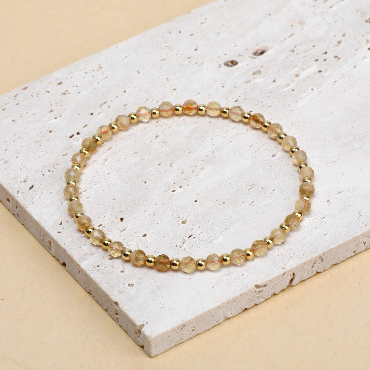 QOGIR Citrine - Stone of Wealth - 14K Gold Plated Beads Natural Gemstone Stretch Elastic Dainty Healing Beaded Bracelets Gifts 4mm