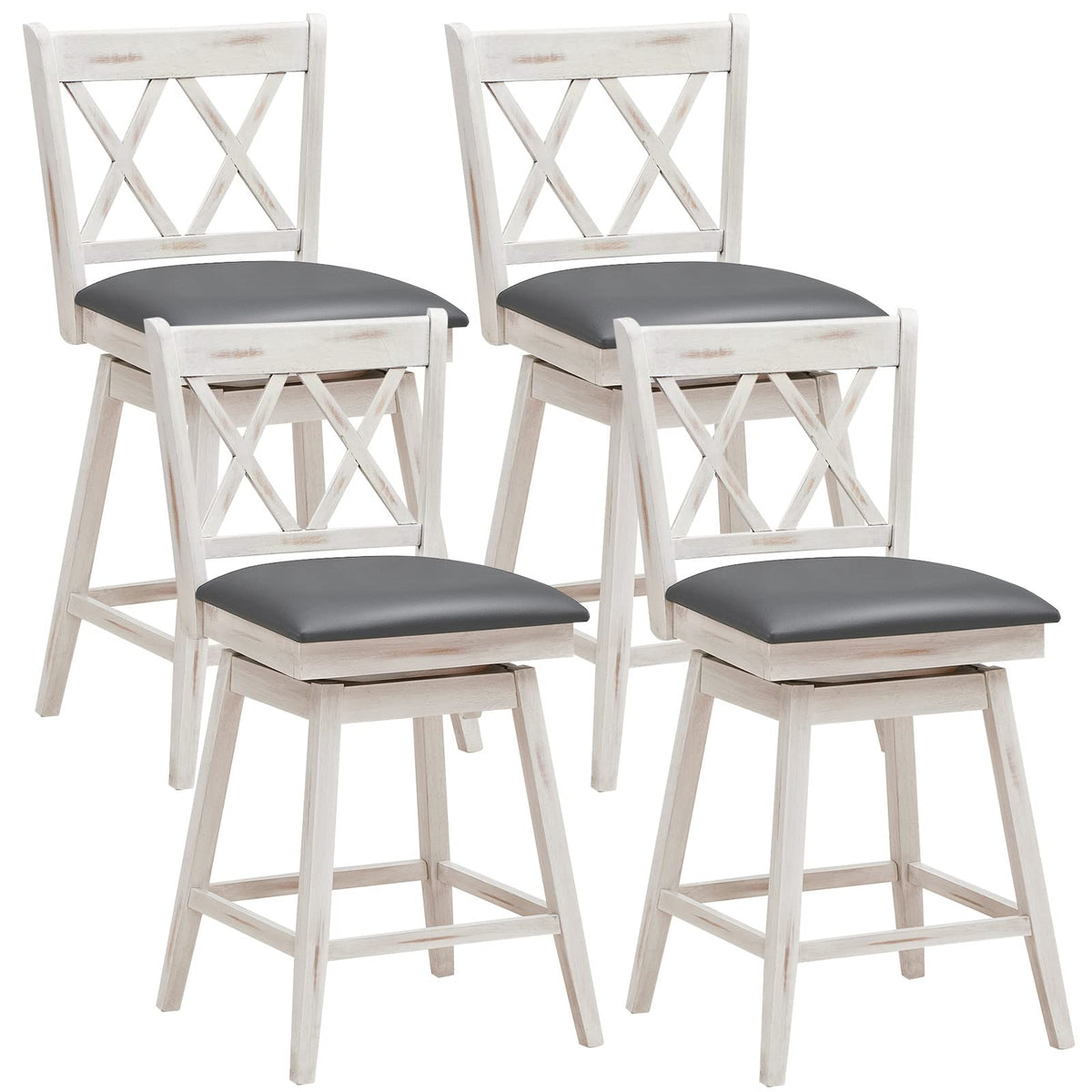 COSTWAY Bar Stool Set of 4, 360 ° Swivel Counter Height 25inch Bar Stool with Foot Rest Upholstered Cushion & Ergonomic Backrest, Sturdy Frame, for Pub, Kitchen Islands (4, Antique White + Grey)