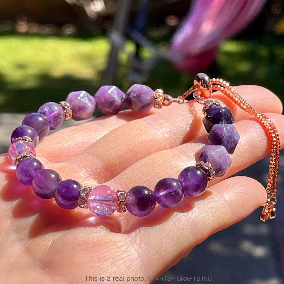 ARTSY Crafts Amethyst + Glow in The Dark Firefly Beads Bracelet, Handmade in USA, Luminous Murano Glass Beads Jewelry Mermaid Crystals (Amethyst - Slider)