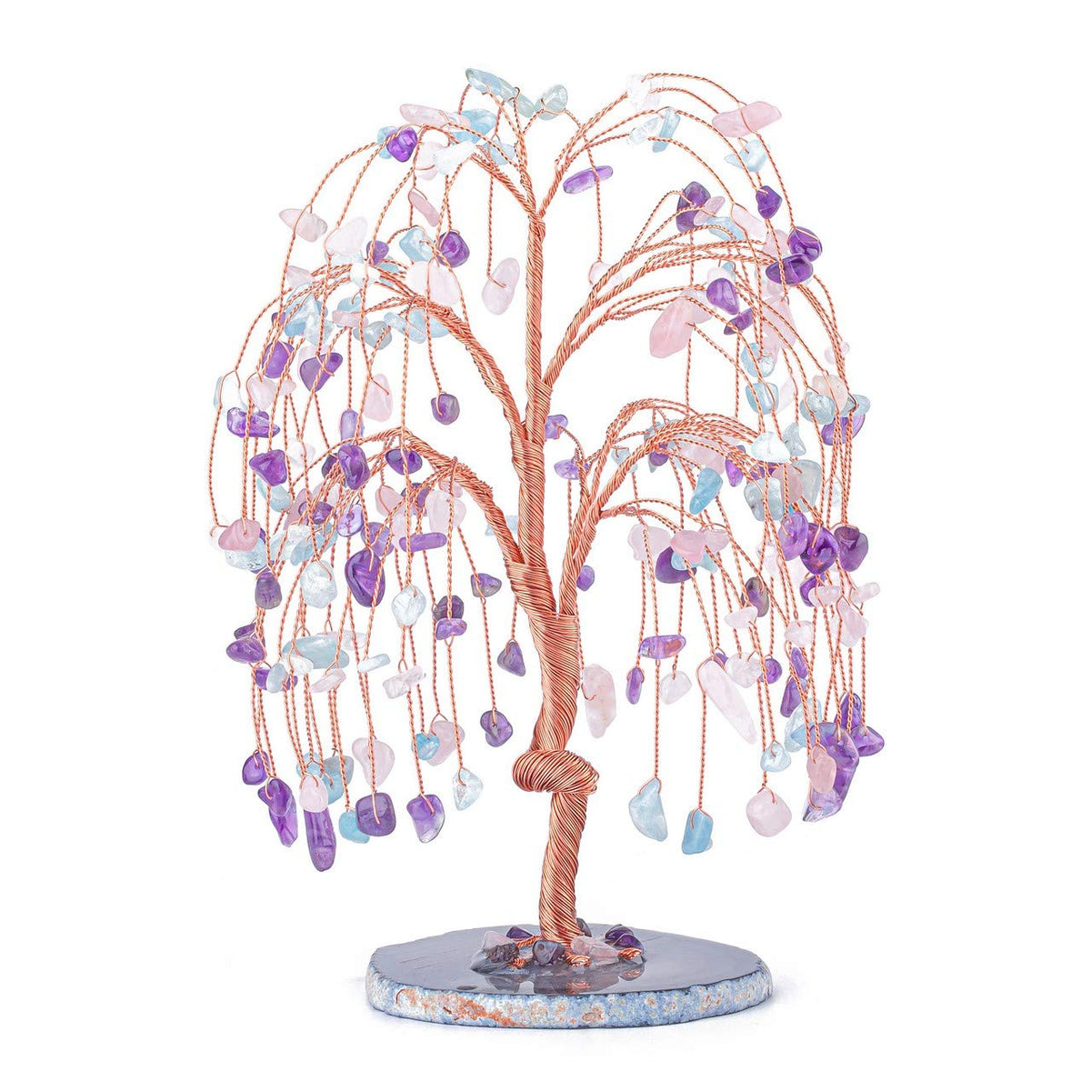 Jovivi Natural Healing Crystals Amethyst/Rose Quartz/Aquamarin Tree Tumbled Gemstone Stones Money Tree, Geode Agate Slices Base Feng Shui Ornaments Home Decoration for Wealth and Luck 5.5"-6.3"